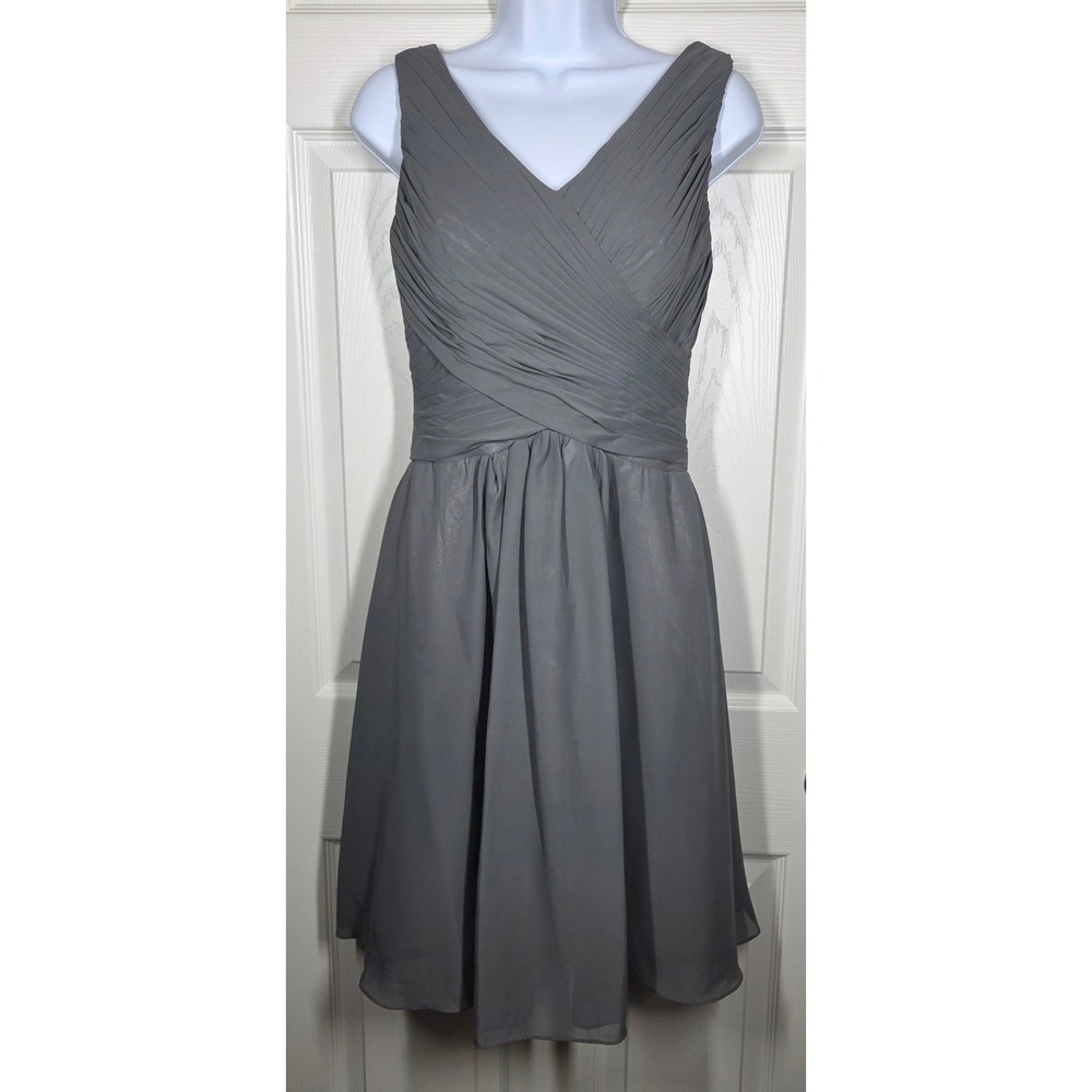 Helen Fontaine Gray Chiffon Cocktail Dress V-Neck Pleated Bodice NWT Size 8